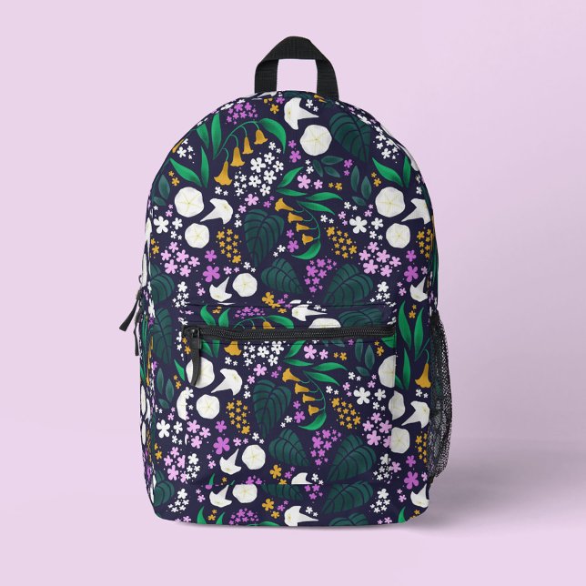 Mochila Impresa Patrón Botánico Floral de la Luna de la Noche (Moon Garden Pattern Backpack)