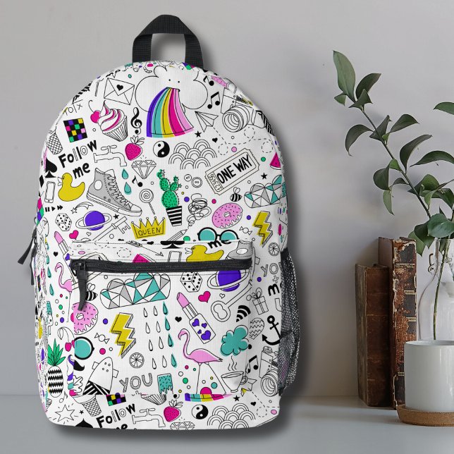 Mochila Impresa Patrón de 80 con color (Trendy Cute Colorful Rainbow 80s Cartoon Pattern Printed Backpack)