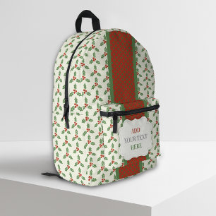Mochila Impresa Patrón de Acebo de Navidad Acebo Verde Bayas Rojas