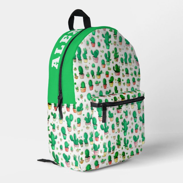 Mochila Impresa Patrón De Acuarela De Cactus Verde Y Blanco (Esquina izquierda trasera)