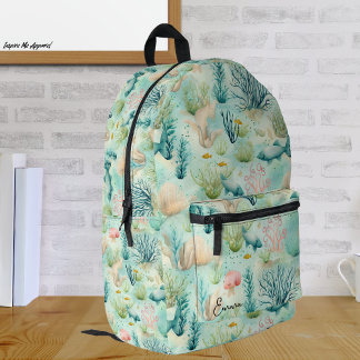 Mochila Impresa Patrón de acuarela submarina azul de la vida marin