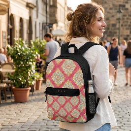 Mochila Impresa Patrón de arabesco vintage rosa con monograma pers