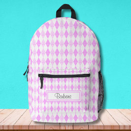 Mochila Impresa Patrón de argyle con temas de golf rosa personaliz
