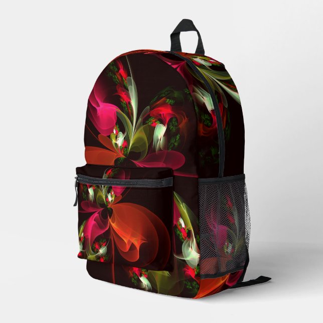 Mochila Impresa Patrón de arte abstracto rojo verde floral moderno (Esquina derecha trasera )