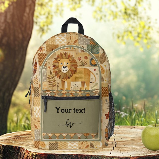 Mochila Impresa Patrón de arte azarí de león retro lindo (Retro backpack featuring an art pattern with a cute lion and leaves - great for cat lovers)