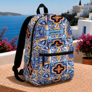Mochila Impresa patrón de azulejos mediterráneos azul amarillo sic