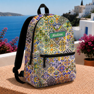 Mochila Impresa Patrón de baldosas florales verdes azules de mayól
