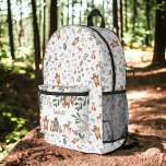 Mochila Impresa Patrón de bosque de animales de bosque de vegetaci<br><div class="desc">Una adorable y bonita acuarela de color marrón rústico campo vegetal animales de bosque mochila con adorable oso,  ciervo,  mapache,  conejo,  erizo y un zorro de colores neutros en los bosques,  en colores naranja,  verde y marrón. con hojas de vegetación y ramas de árboles.</div>