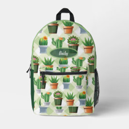 Mochila Impresa Patrón de Cactus de Gingham Verde