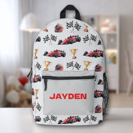 Mochila Impresa Patrón de coche de carreras para niños con nombre 