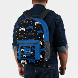 Mochila Impresa Patrón de control de juegos azul negro con monogra