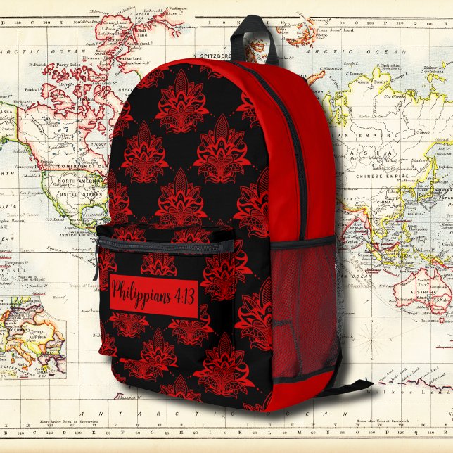 Mochila Impresa Patrón de cosecha floral roja con verso bíblico (Subido por el creador)