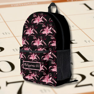 Mochila Impresa Patrón de cosecha floral rosa con verso bíblico