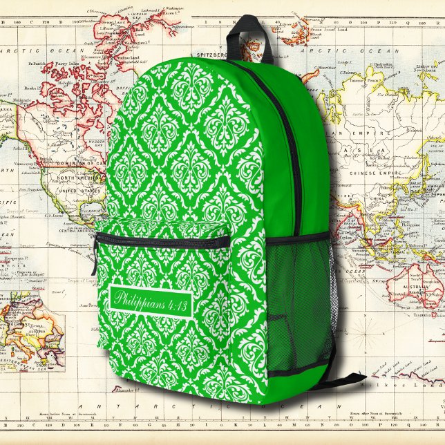 Mochila Impresa Patrón de cosecha floral verde con verso bíblico (Subido por el creador)