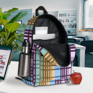 Mochila Impresa Patrón de Cuadro Azul Lila Dorado Verde