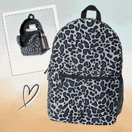 Mochila Impresa Patrón de Cuero de Leopardo en Mezclilla Gris Azul
