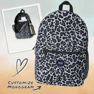 Mochila Impresa Patrón de Cuero de Leopardo Gris Azul Denim - Ba