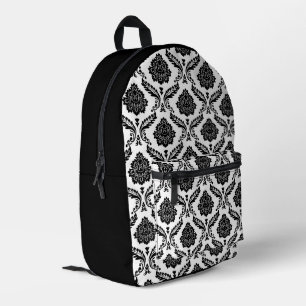 Mochila Impresa Patrón de damasco rococó negro sobre blanco