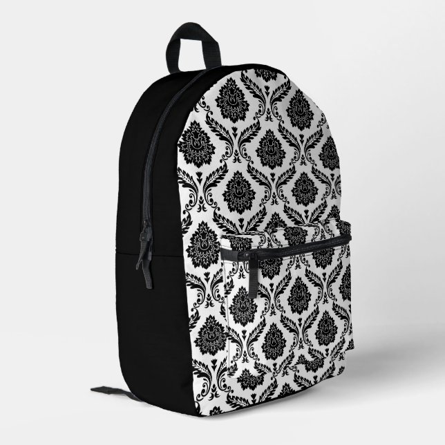 Mochila Impresa Patrón de damasco rococó negro sobre blanco (Esquina izquierda trasera)