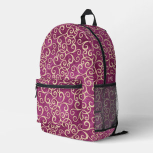 Mochila Impresa Patrón de Damasco rosa Oro y Púrpura Monogramado