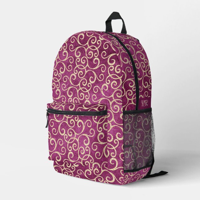 Mochila Impresa Patrón de Damasco rosa Oro y Púrpura Monogramado (Esquina derecha trasera )
