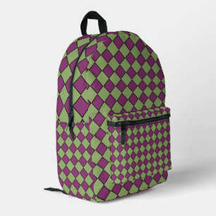 Mochila Impresa Patrón de diamante de cuadros verde púrpura