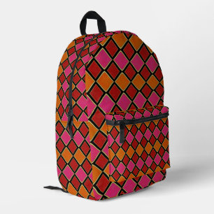 Mochila Impresa Patrón de diamante Harlequin vibrante en rojo, nar