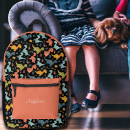 Mochila Impresa Patrón de dinosaurio colorido nombre naranja negro