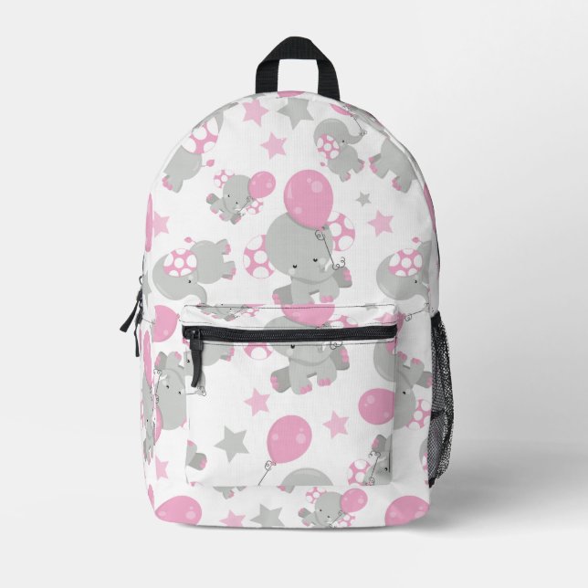 Mochila Impresa Patrón de Elefantes, Elefantes Cutos - Gris Rosa (Anverso)