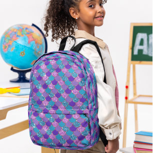 Mochila Impresa Patrón de escalas de sirena purpurinoso coloridas