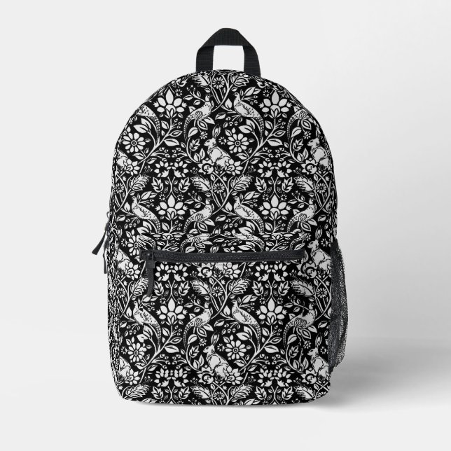 Mochila Impresa Patrón de faisán y liebre, negro y blanco (Anverso)
