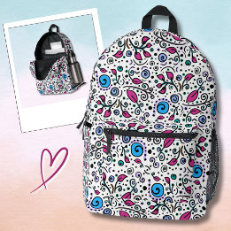 Mochila Impresa Patrón de Flor azul Remolino de Frutas en Blanco -