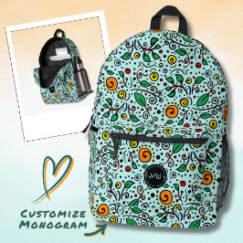 Mochila Impresa Patrón de Flor con Monograma orangeSwirlBerry Turq