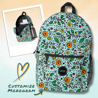 Mochila Impresa Patrón de Flor con Monograma orangeSwirlBerry Turq