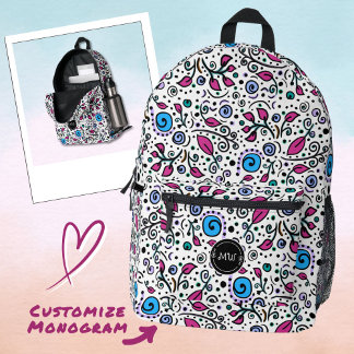 Mochila Impresa Patrón de Flor de Monograma azul Remolino de Fruta