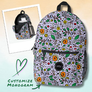 Mochila Impresa Patrón de Flor de Monograma naranja Remolino de Fr