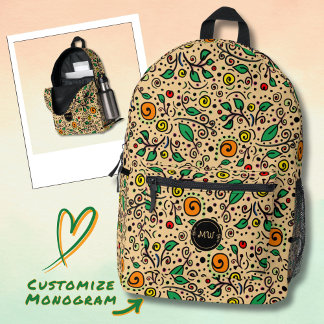 Mochila Impresa Patrón de Flor de Monograma naranja Remolino de Fr