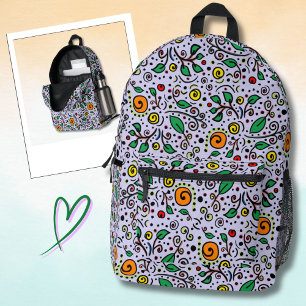 Mochila Impresa Patrón de Flor naranja Remolino de Frutas en Lila 