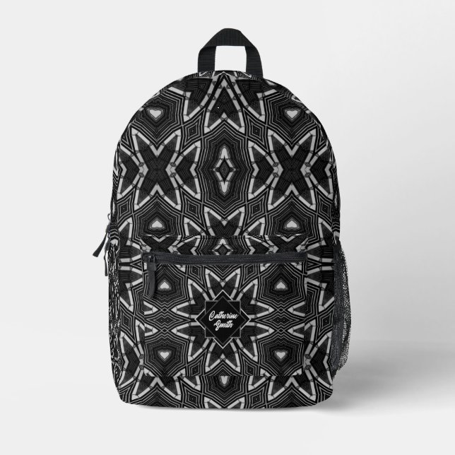 Mochila Impresa Patrón de flor tribal gris negro (Anverso)