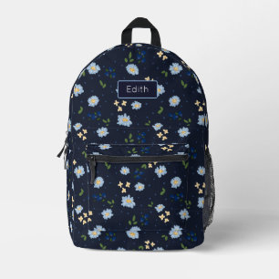 Mochila Impresa Patrón de flores azul y marina lúgubre con nombre