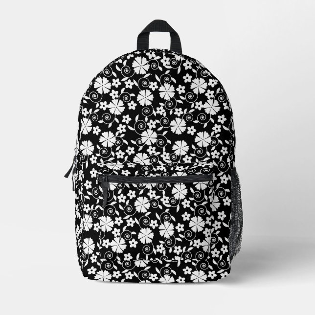 Mochila Impresa Patrón de flores blancas negras (Anverso)