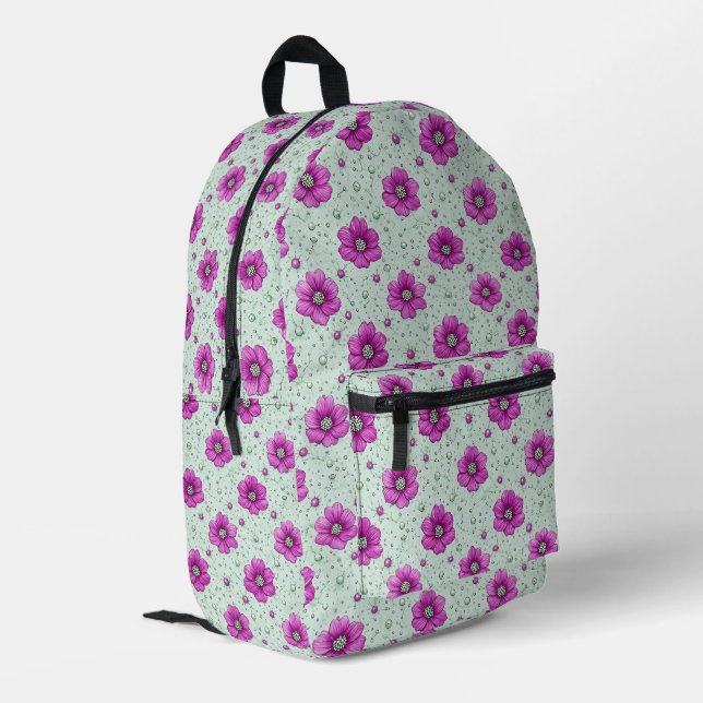 Mochila Impresa Patrón de flores rosadas con gotas (Esquina izquierda trasera)