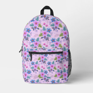 Mochila Impresa Patrón de flores violetas azules rosadas florales-