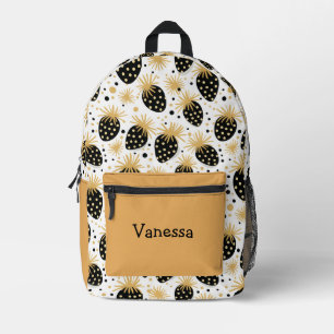 Mochila Impresa Patrón de Fresa Negro y Dorado Con Nombre