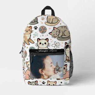 Mochila Impresa Patrón de gatos de foto y nombre personalizado