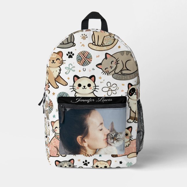 Mochila Impresa Patrón de gatos de foto y nombre personalizado (Anverso)