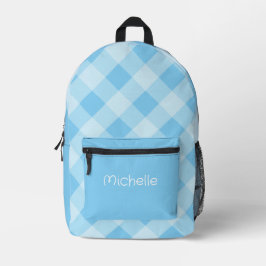 Mochila Impresa Patrón de Gingham Azul con Nombre Personalizado 