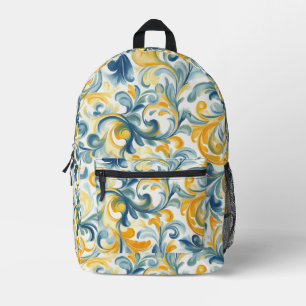 Mochila Impresa Patrón de hoja azul y paisley dorada