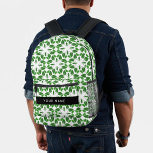 Mochila Impresa Patrón de Hoja, Hojas Verdes, Tu Nombre