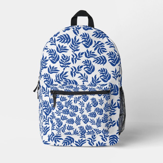 Mochila Impresa Patrón de hojas botánicas azules modernas (Anverso)